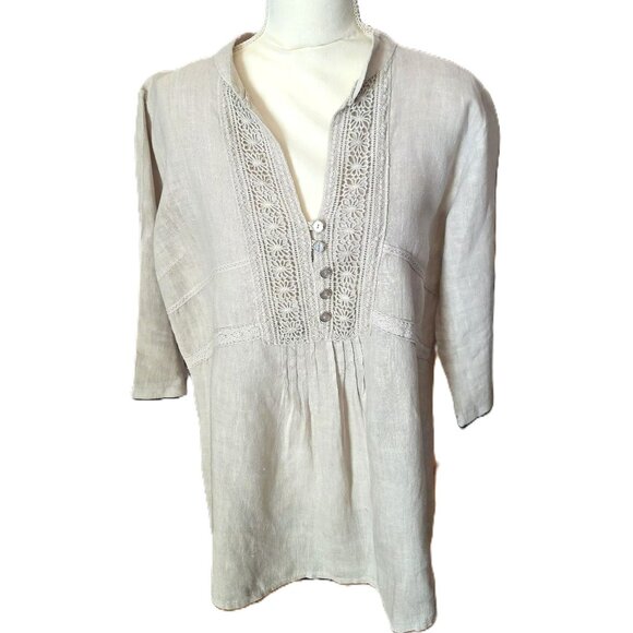 Lungo L' Arno Italian Linen 3/4 Sleeve Tan Top in Size Large - Picture 1 of 5